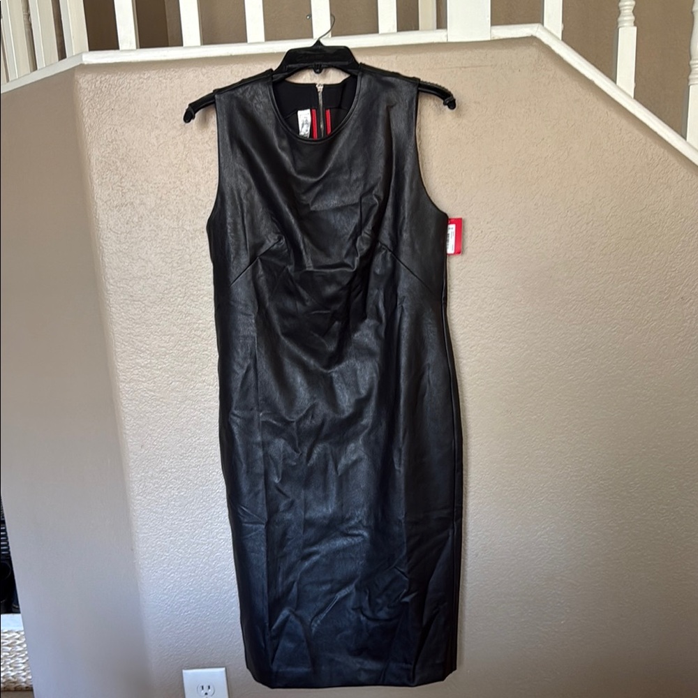 SPANX Black Faux Leather Sleeveless Midi Sheath Dress